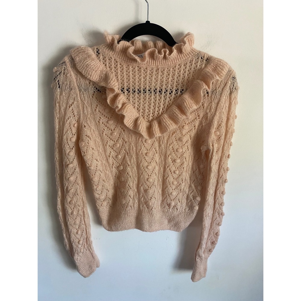 Zara Women Peach Ruffle Neck Pointelle Bobble Knit Mohair Blend Sweater Small